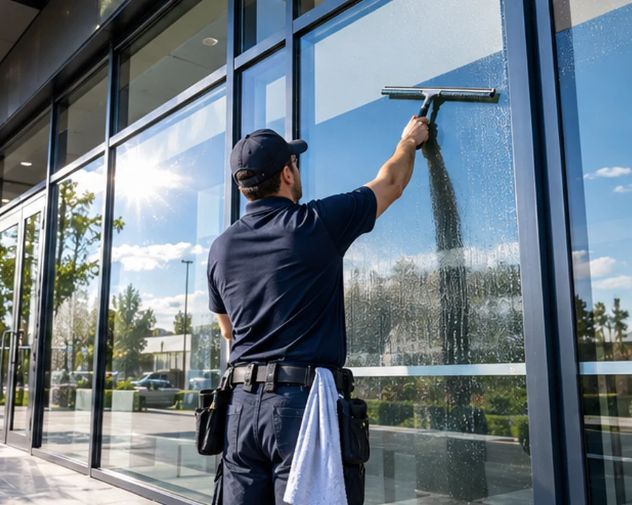 Shopfront window cleaning in progress